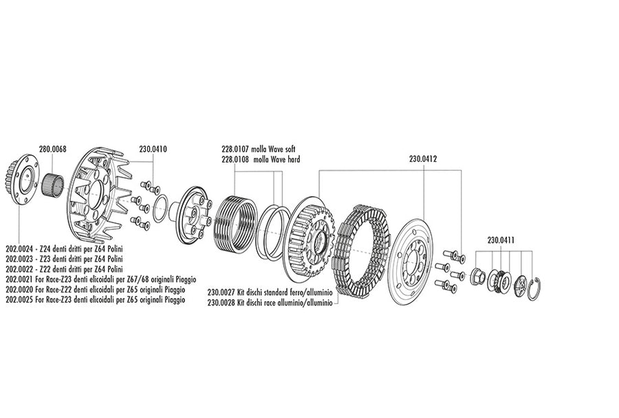 Vespa P ETS 125 [1983-1990] - embreagem de corrida com pinhão Z24 de dentes retos