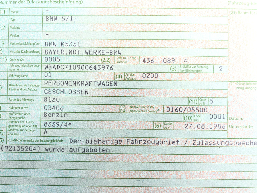 BMW M 535i E28 [1986] - Radhaus com número de número de chassi e papéis