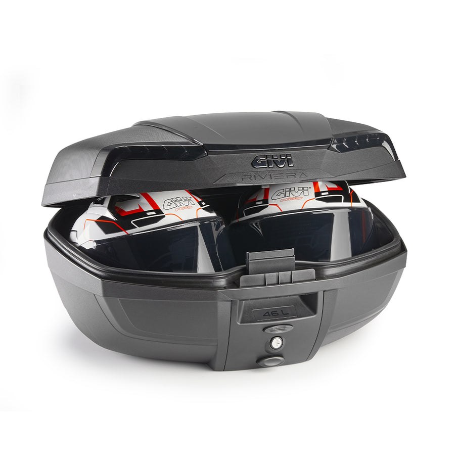 E46NB Riviera Monolock Topcase mit Platte – mit getönten Reflektoren und schwarzem Cover