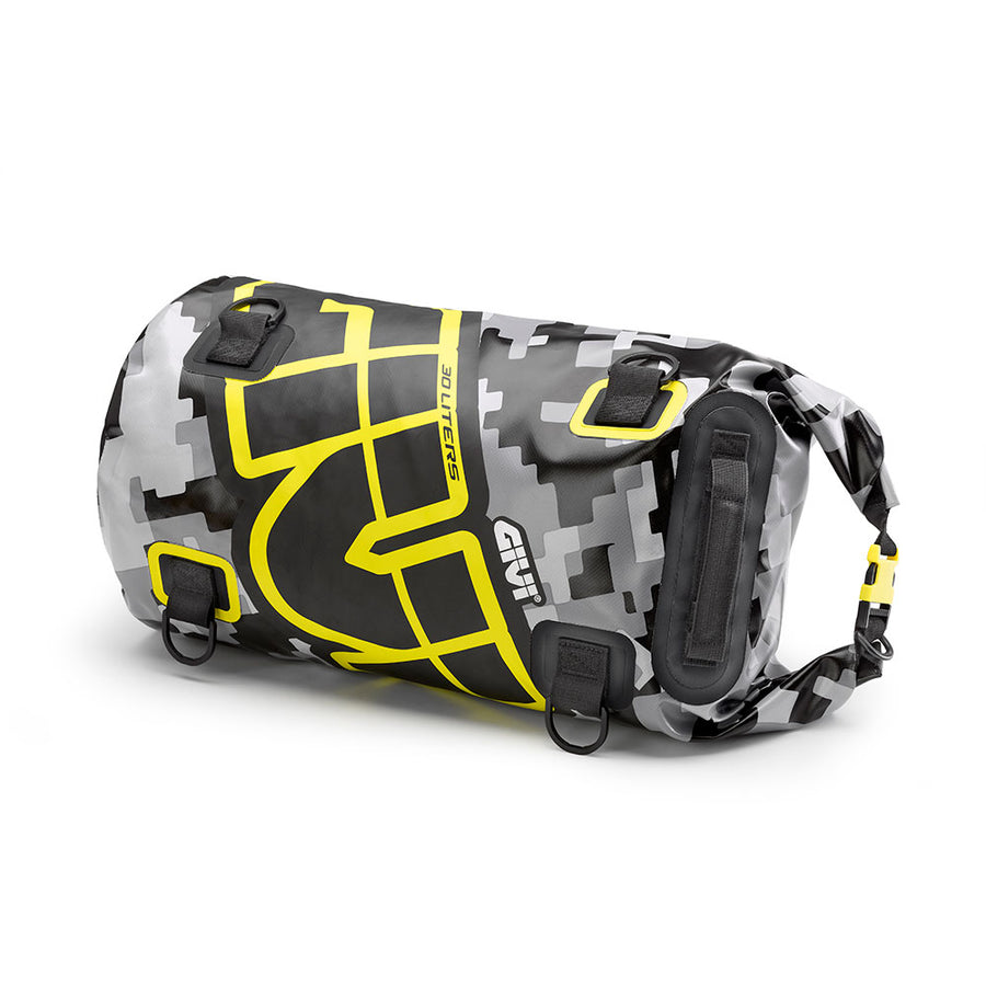 [GIVI] – Easy-T Waterproof – Rolo de bagagem 30 L – design camuflado cinza, letras amarelo neon