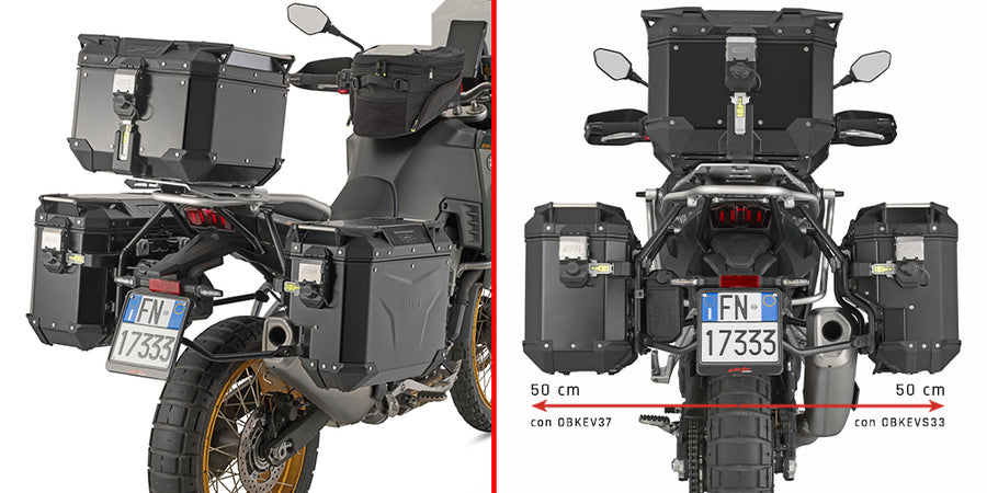 Kove X Pro 800 [GIVI] - porta-malas lateral tubular em aço PL ONE-FIT com deslocamento lateral direito para o Trekker Outback