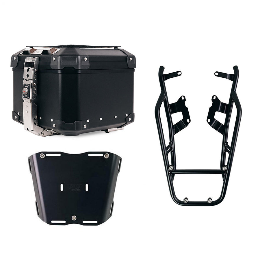 BMW R nineT 1200 Urban G/S (niedriger Auspuff) [2017-2023] - Atlas 44L Universal-Aluminium-Topcase + NineT-Gepäckträger mit Soziusgriffen zur Befestigung der Topcaseplatte