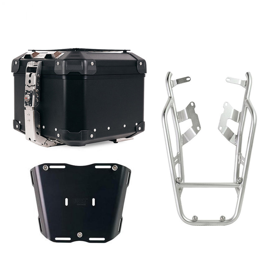 BMW R nineT 1200 Urban G/S (niedriger Auspuff) [2017-2023] - Atlas 44L Universal-Aluminium-Topcase + NineT-Gepäckträger mit Soziusgriffen zur Befestigung der Topcaseplatte