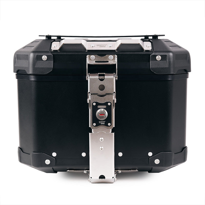 BMW R nineT 1200 Urban G/S (niedriger Auspuff) [2017-2023] - Atlas 44L Universal-Aluminium-Topcase + NineT-Gepäckträger mit Soziusgriffen zur Befestigung der Topcaseplatte