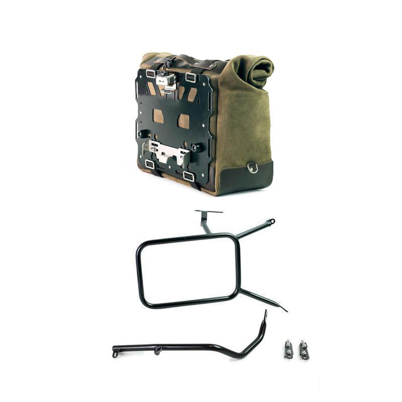 BMW R nineT 1200 Urban G/S (niedriger Auspuff) [2017-2023] - Kultige Seitentasche aus Spaltleder 40L - 50L + Aluminiumplatte + NineT rechter Rahmen für Atlas Aluminiumtasche