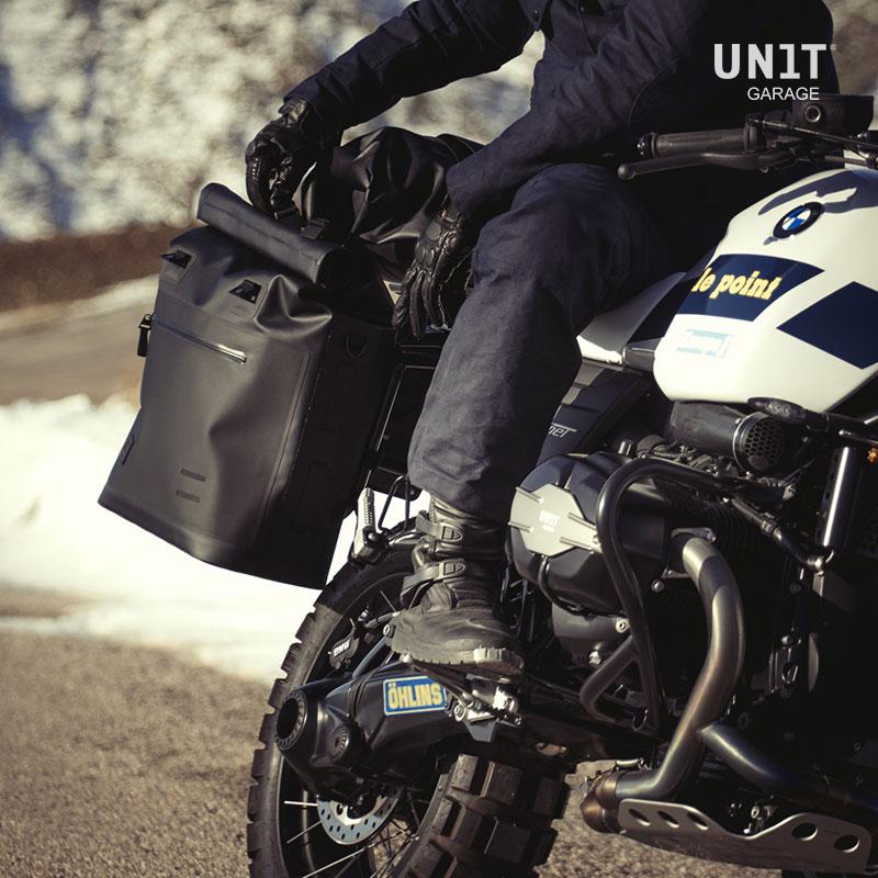 BMW R nineT 1200 Urban G/S (hoher Auspuff) [2017-2023] - Khali Seitentasche aus TPU 35L - 45L + Aluminiumplatte auf der Schalldämpferseite