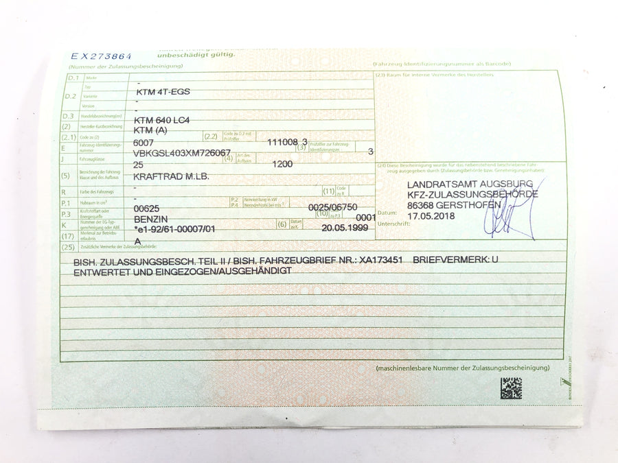 KTM 640 LC4 EGS [1999] - Quadro principal com documento de matrícula do veículo