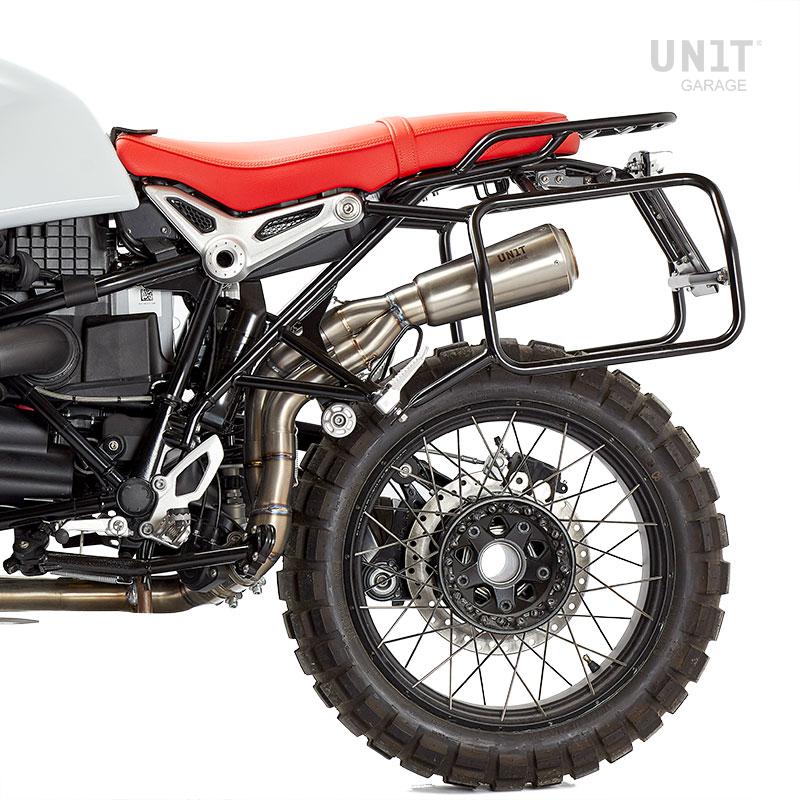 BMW R nineT 1200 Urban G/S (niedriger Auspuff) [2017-2023] - Paar Cult-Seitentaschen aus Spaltleder 40L - 50L + Aluminiumplatte + Atlas NineT Aluminium Taschenrahmen